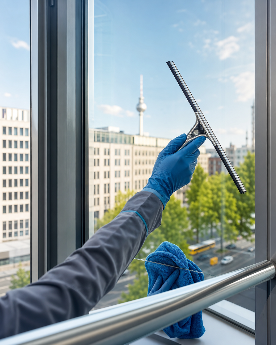 Professionelle Fensterreinigung mit Abzieher in einem Berliner Büro